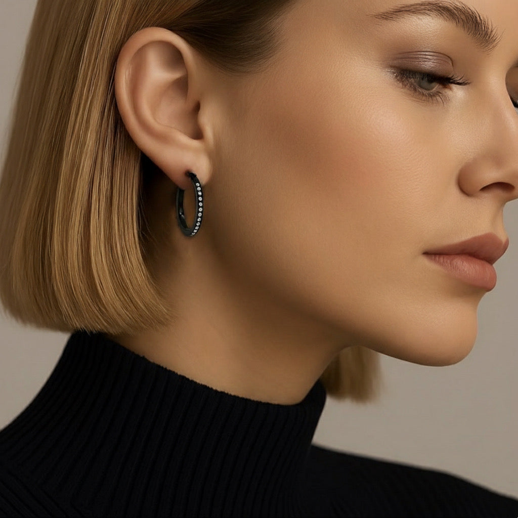 ER310B B.Tiff Black Pavé 28-Stone Classic Small Hoop Earrings